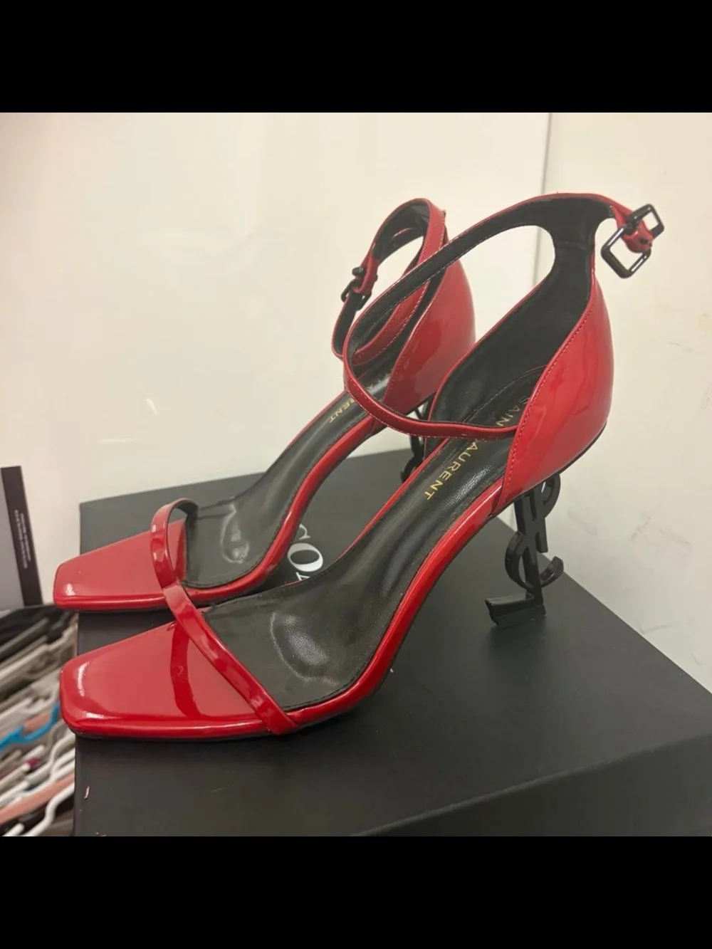 Saint Laurent Red Patent Leather Square-Toe Ankle-Strap Heels